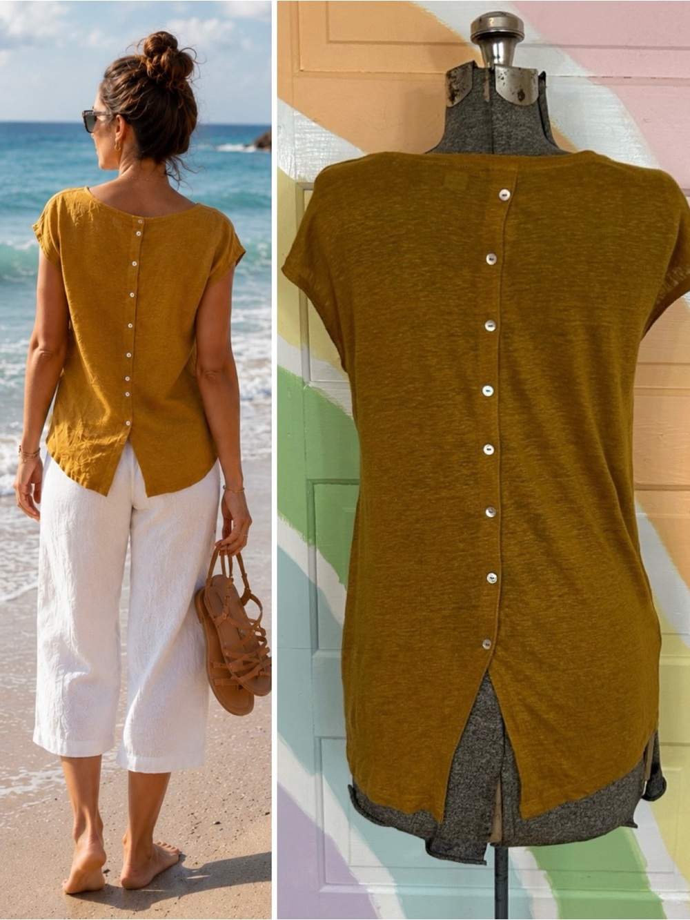 Tahri Women’s 100% Linen Top Button Back Sz Small Mustard Sleeveless👽💛